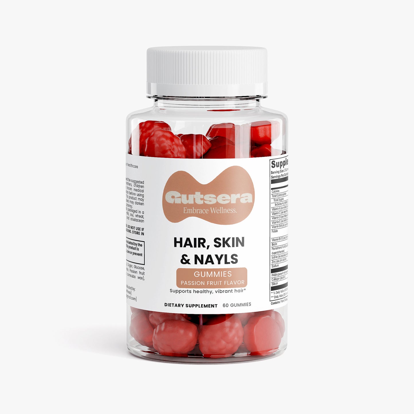 Bottle of Gutsera Hair, Skin & Nyls gummies with red gummy bears on a white background