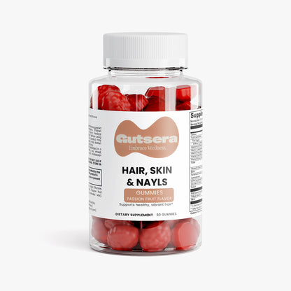 Bottle of Gutsera Hair, Skin & Nyls gummies with red gummy bears on a white background