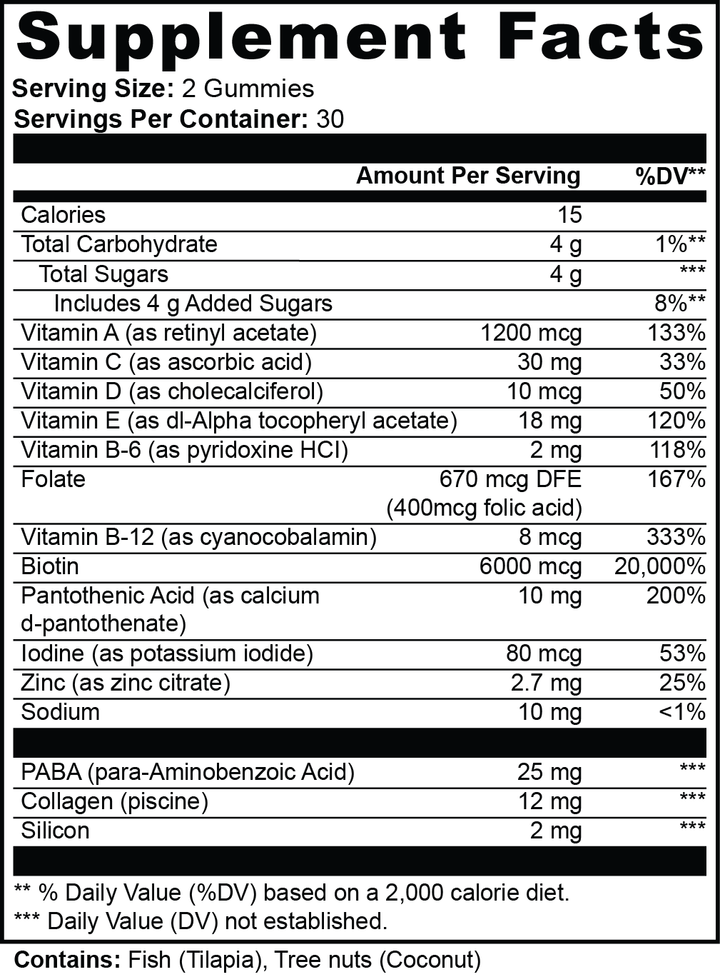 Supplement facts label for gummy vitamins with detailed nutritional information.