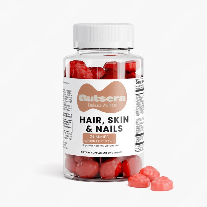 Bottle of Gutsera Hair, Skin & Nails gummies with red gummy bears on a white background