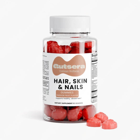 Bottle of Gutsera Hair, Skin & Nails gummies with red gummy bears on a white background
